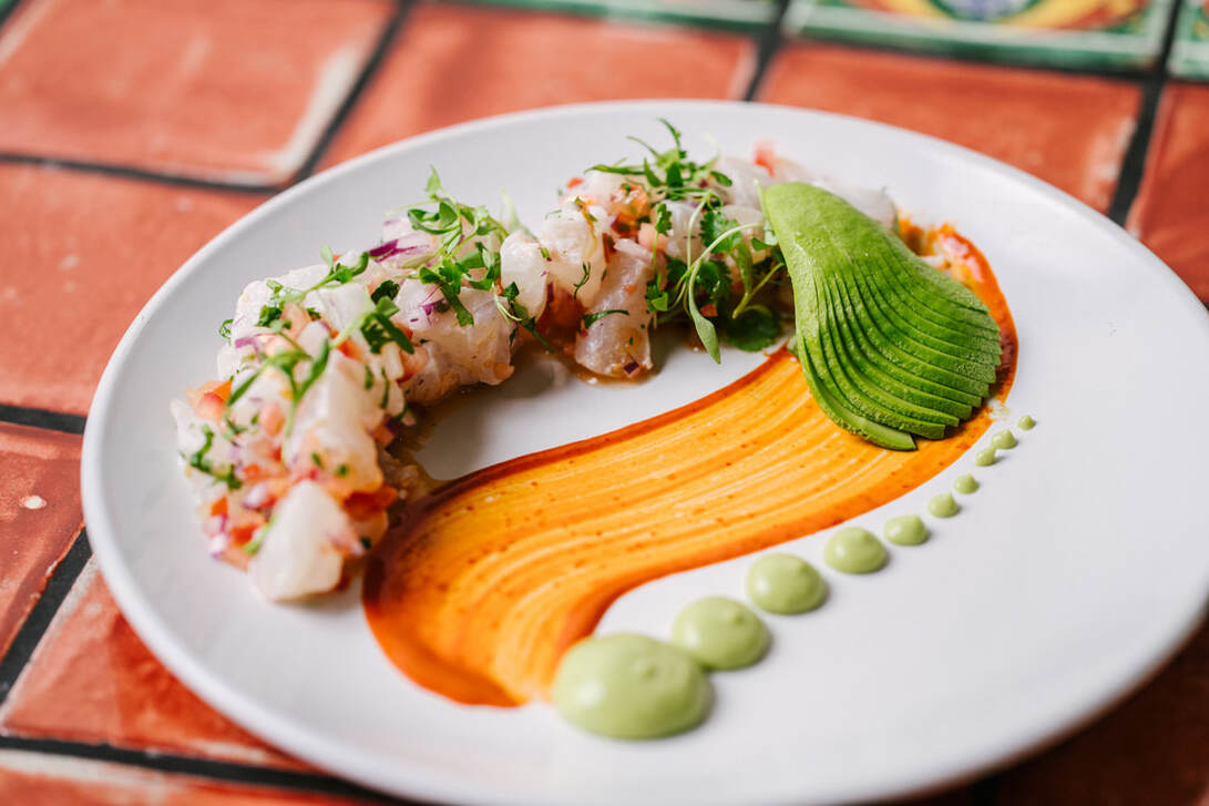 Holbox signature dishes Kanpachi Ceviche Taco de Pulpo en su Tinta (octopus taco)Baja Fish Taco﻿﻿